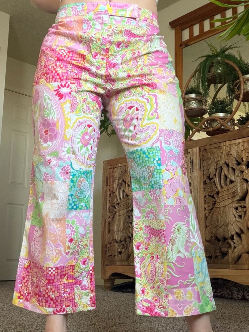 High-Rise Cropped Patchwork Print Pants